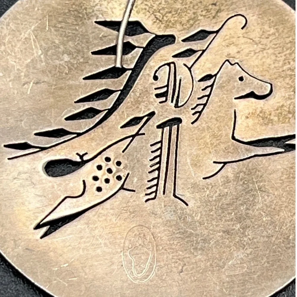 Vintage Sterling Southwestern Disc Earrings Horse Rider Mountain Bear Paw Hopi ?